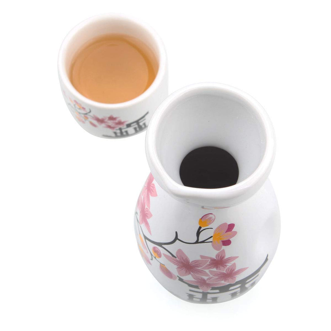Japanese Sake Set, 1 Tokkuri Bottle &amp; 4 Ochoko Cups, Spring Blossoms Ceramic Sake Set Microwave and Dishwasher Safe