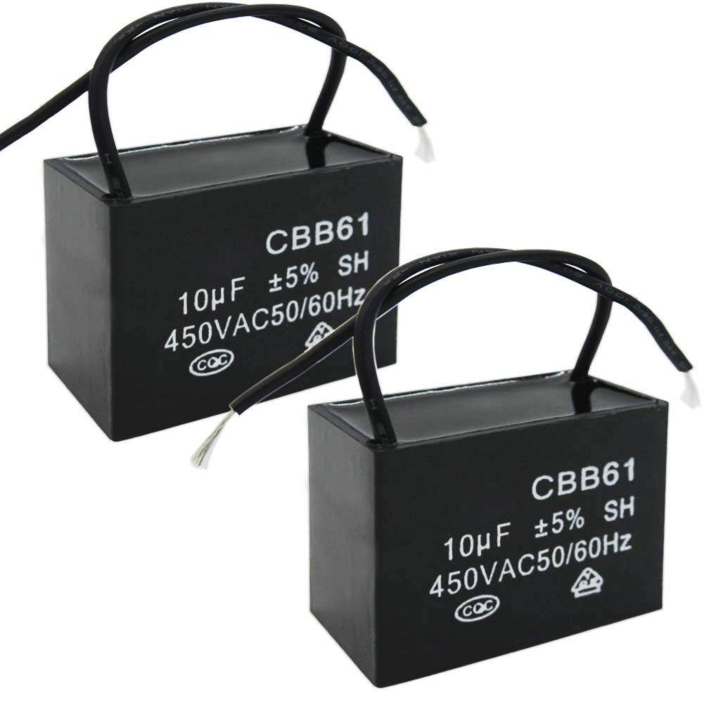 /2Pcs 450V AC 50/60Hz Run Capacitor 2-Wire Metallized Polypropylene Film Capacitors for Ceiling Fan Motor Start Run 10uf CBB61-10