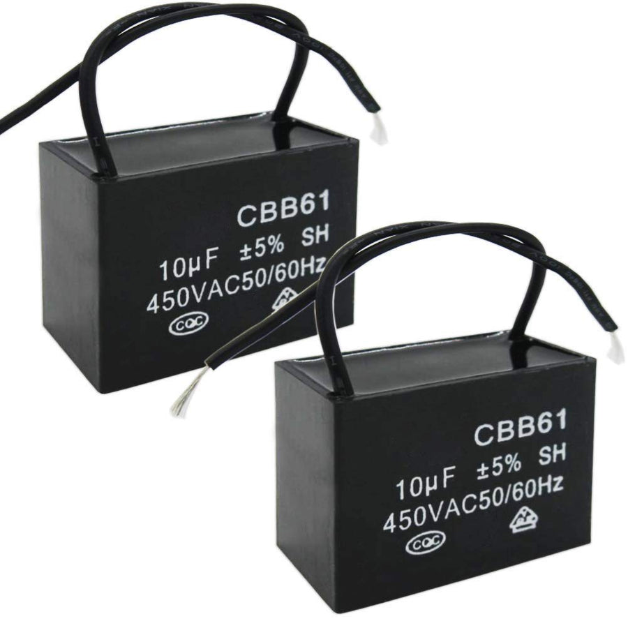 /2Pcs 450V AC 50/60Hz Run Capacitor 2-Wire Metallized Polypropylene Film Capacitors for Ceiling Fan Motor Start Run 10uf CBB61-10