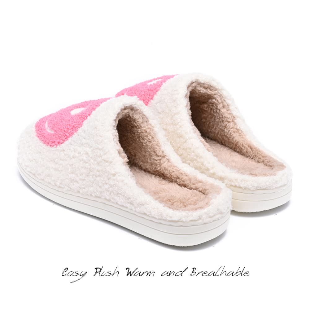 Women&#39;s Men&#39;s Retro Preppy Happy Face Slippers Comfy Warm Plush Slip-On House Slipper for Winter Indoor Soft Cushion Non-slip Fluffy Slides Slippers White-Pink 5.5-6.5 Women/5-6 Men