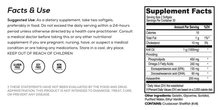 Antarctic Krill Oil Soft Gels, Dietary Supplement with Omega-3s, EPA, DHA, Astaxanthin and Phospholipids to Support Coginitive, Cardiovascular and Joint Health, 1000mg Per Serving, 60 Count