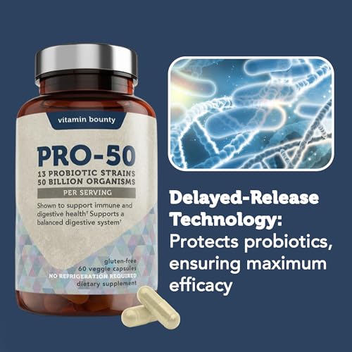 Pro-50 Probiotics for Women Digestive Health | 50 Billion CFU &amp; 13 Strains | SBO Synbiotic Formula Delayed Release Capsule+Prebiotic Greens for Immune Support – for Women &amp; Men | 60cap