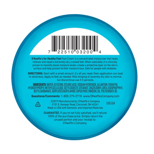 O&#39;Keeffe&#39;s for Healthy Feet Foot Cream; Guaranteed Relief for Extremely Dry; Cracked Feet; Instantly Boosts Moisture Levels; 3.2 Ounce Jar; (Pack of 1)