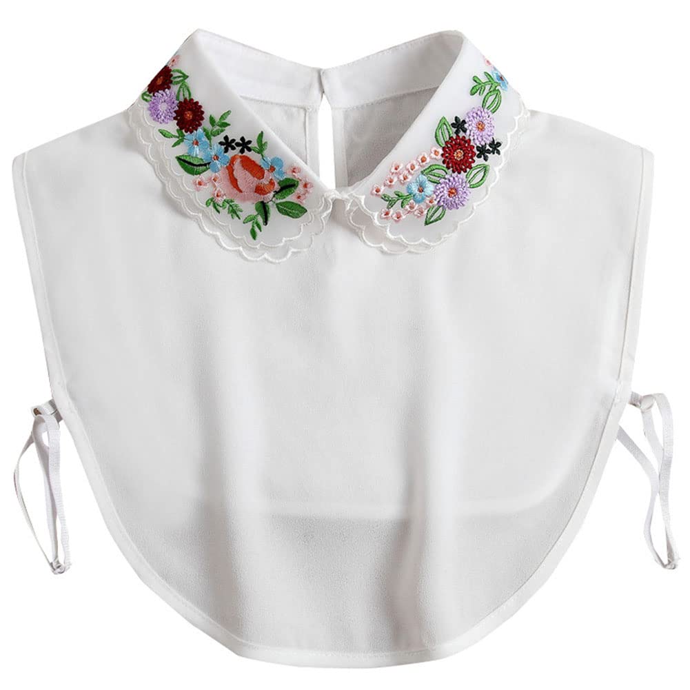Lace Chiffon Detachable Dickey Blouse False Collar Embroidery Flower Fake Half Shirt Collar for Women (White)