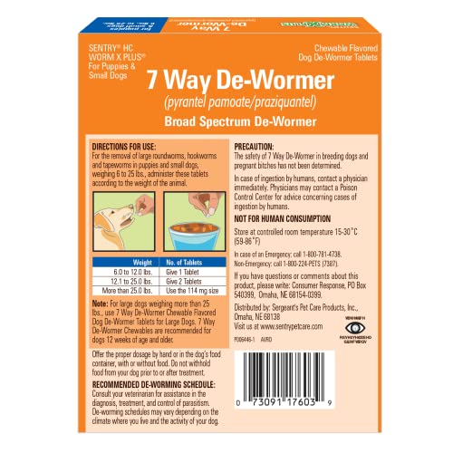 SENTRY HC Worm X Plus 7 Way De-Wormer (pyrantel pamoate/praziquantel), for Puppies and Small Dogs, 6-25 lbs, Chewable, 2 Count