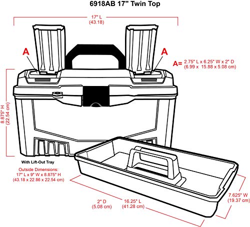 6918AB Twin Top 17 inch Supply Box, Portable Art &amp; Craft Supply Organizer with Handle, [1] Plastic Storage Case, Black