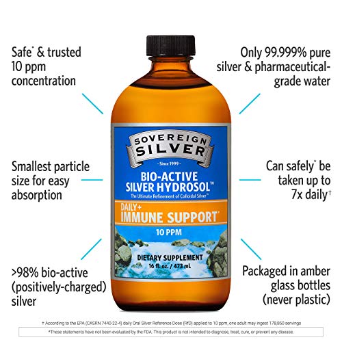 Bio-Active Silver Hydrosol for Immune Support - Colloidal Silver Liquid -10 ppm, 16oz (473mL) - Value Size