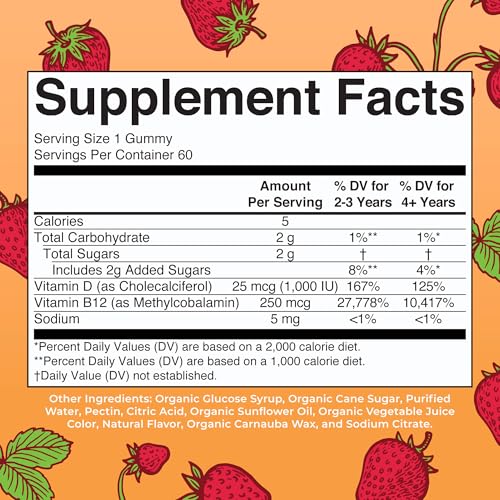 's Vitamin D3 B12 Gummies | USDA Organic | 2 Month Supply | Vitamin D & B12 Vitamin Supplements for Adults & Kids | Bone Health | Healthy Energy Levels | Non-GMO | 60 Servings