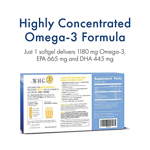 , UnoCardio 1000 Fish Oil, 1300 mg of Pure Triglyceride Fish Oil with Omega-3 (1180 mg), 665 mg EPA and 445 mg DHA and 25 mcg (1000 IU) Vitamin D3 per softgel, Natural Orange, 60 softgels