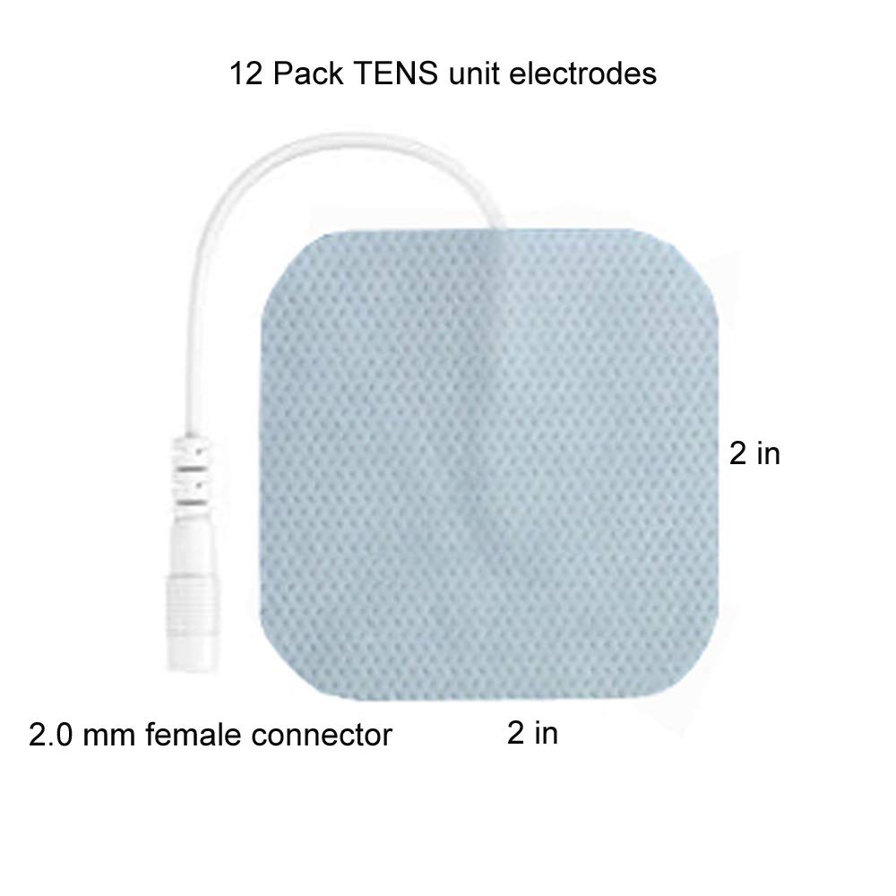 TENS Unit Pads 12 Pack Wired Self-Adhesive Electrodes Premium Replacement Pads for TENS Units - 2x2 Inches (2x2-12 Pack)