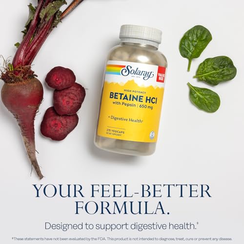 Solaray High Potency Betaine HCL with Pepsin - Hydrochloric Acid Supplement for Digestive Health - with Betaine Hydrochloride and Digestive Enzymes - Gut Health Support - 60-Day Guarantee, 275 VegCaps