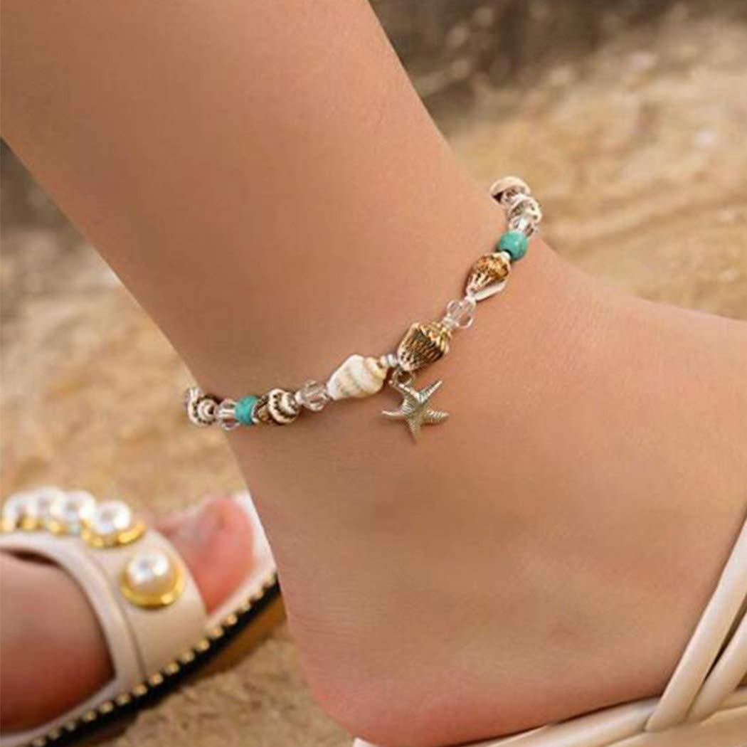Gemily Boho Starfish Anklet Pendant Silver Conch Shell Turquoise Ankle Bracelets Beaded Foot Chain Beach Crystal Foot Jewelry for Women and Girls