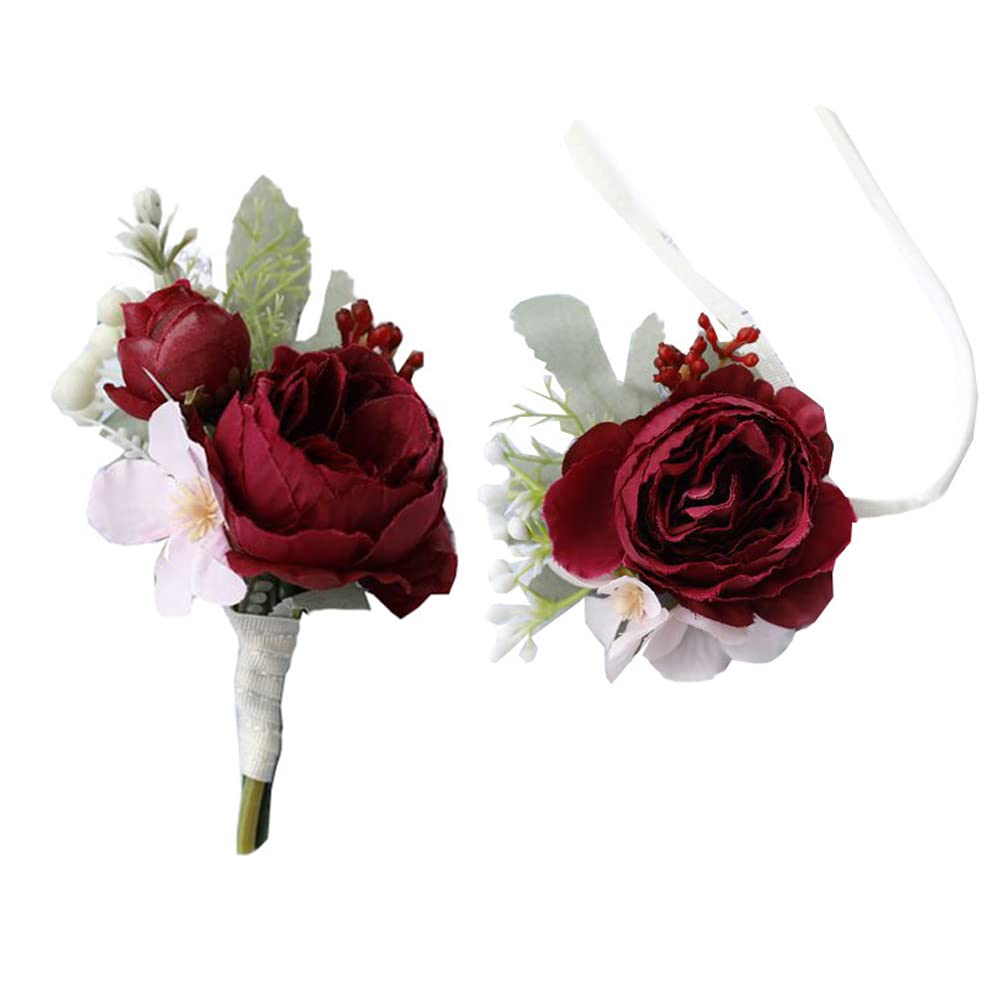 2Pcs Artificial Flowers Wrist Corsage and Boutonniere Set, Groom Groomsmen Bride Bridesmaids Wedding Flowers Accessories Prom Party Suit Decorations - Wine Red
