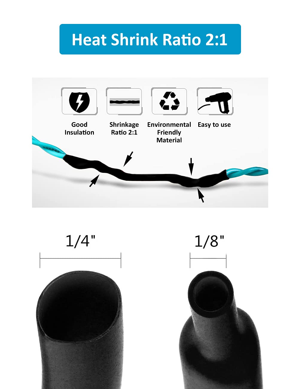 650pcs Heat Shrink Tubing Black Heat Shrink Tube Wire Shrink Wrap UL Approved Ratio 2:1 Electrical Cable Wire Kit Set Long Lasting Insulation Protection, Safe and Easy, Eco-Friendly Material
