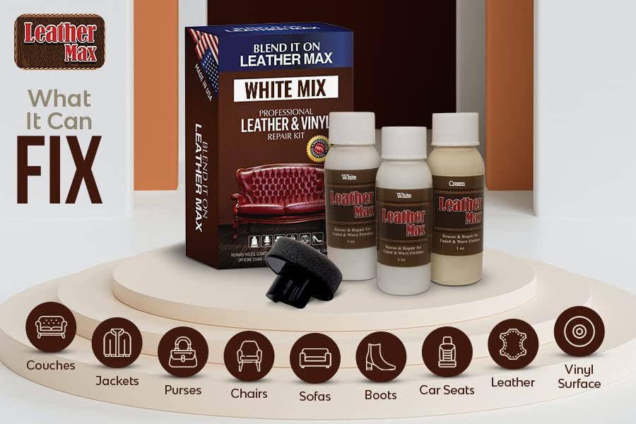 Leather Max Quick Blend Refinish and Repair Kit White, Restore Couches, Recolor Furniture &amp; Repair Car Seats, Jackets, Sofa, Boots 3 Color Shades to Blend with/Leather Vinyl and More (White Mix)