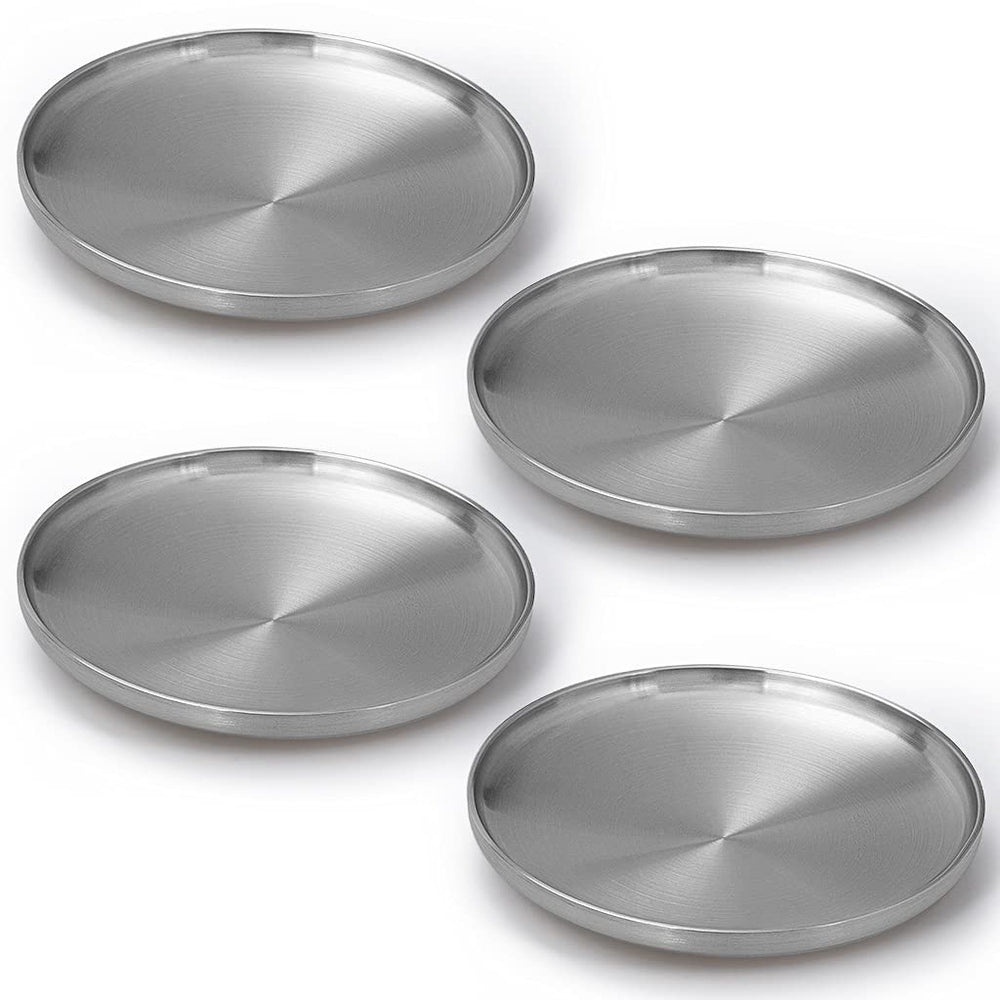304 Stainless Steel Dinner Plates, 9 Double Layered Serving Plates, Brushed Metal Dishes for Camping, BBQ, Steak, Salad, Snack, Pack of 4