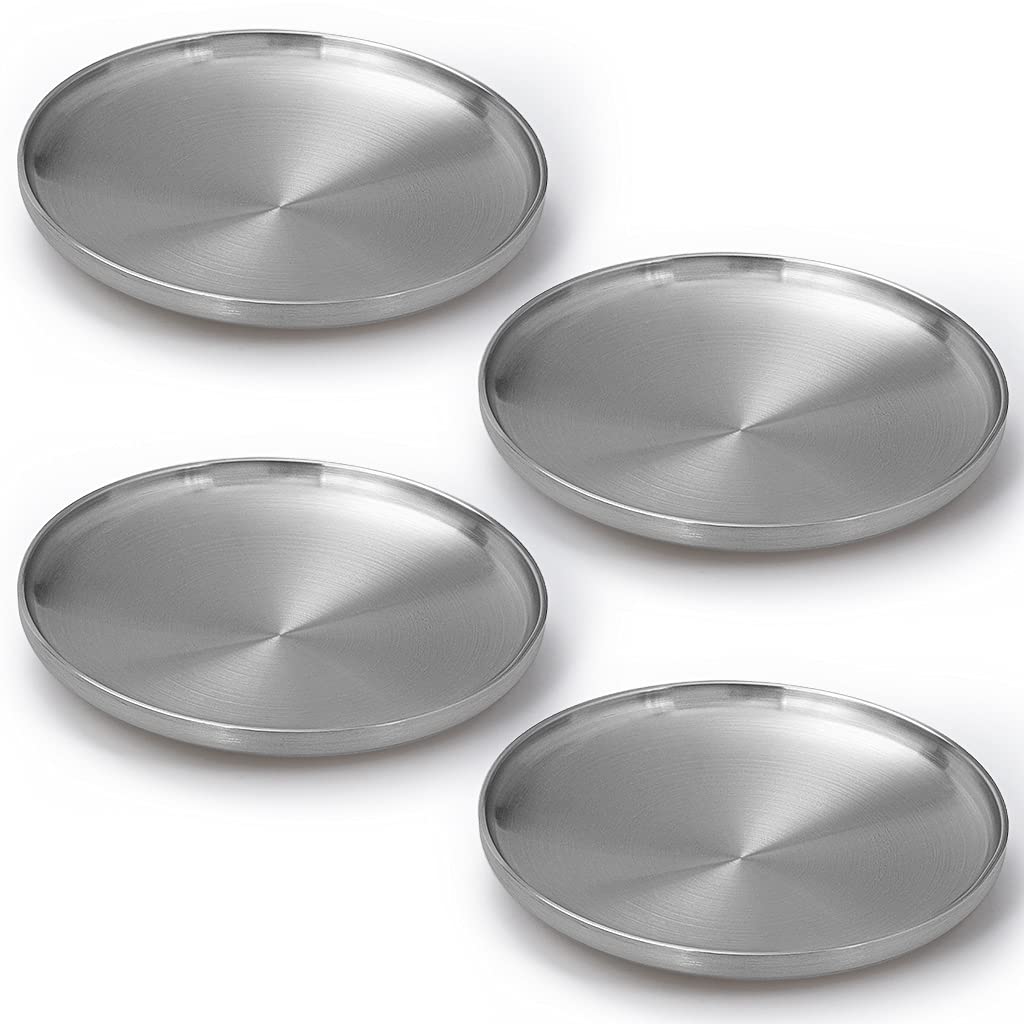 304 Stainless Steel Dinner Plates, 9 Double Layered Serving Plates, Brushed Metal Dishes for Camping, BBQ, Steak, Salad, Snack, Pack of 4