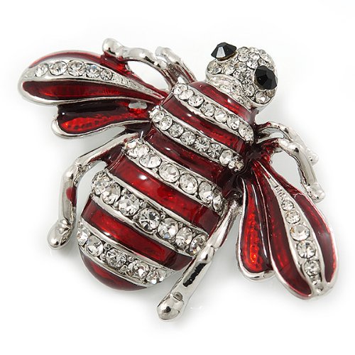 Cute Clear Crystal Burgundy Enamel &#39;Bee&#39; Brooch in Rhodium Plating - 5cm Width