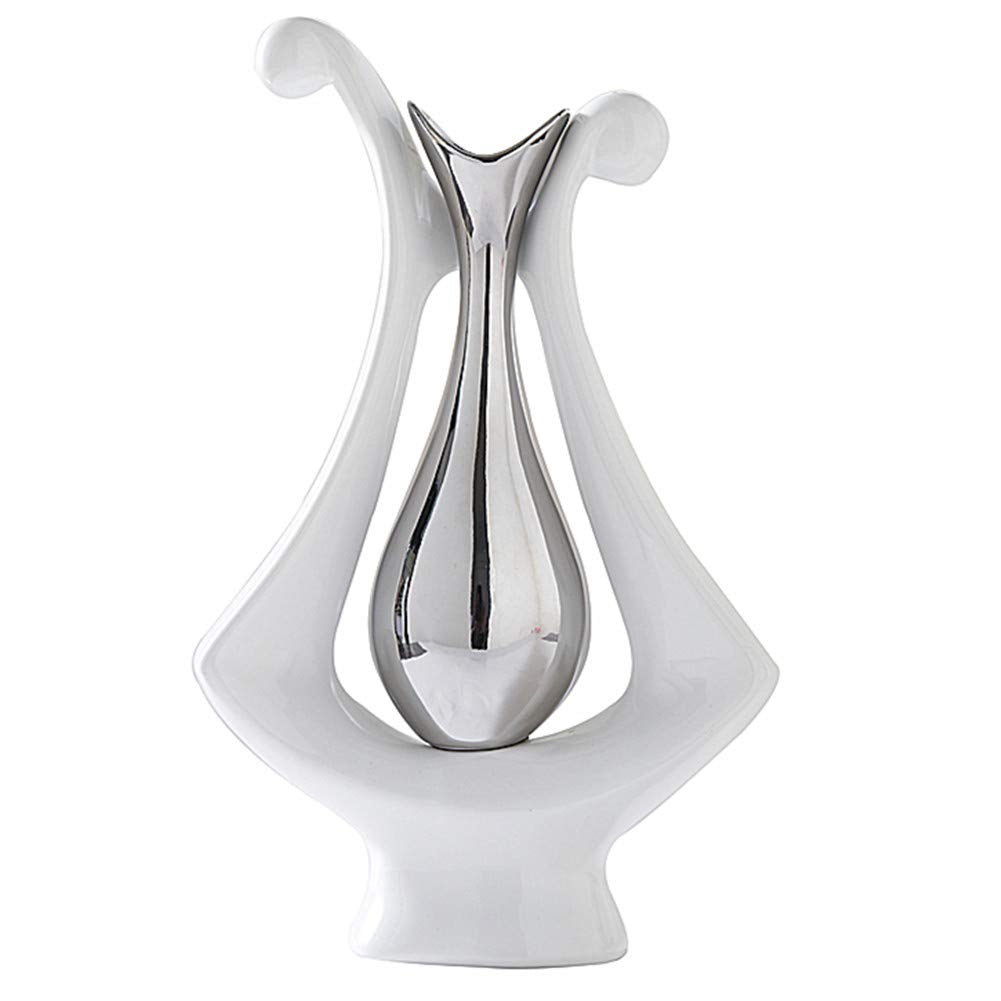Ceramic Vase Statue Silver Vase White Vase Home Decoration Pottery Decorative Sculpture Dried Flower vase (Silver White vase-99693)