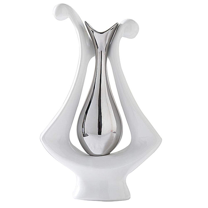 Ceramic Vase Statue Silver Vase White Vase Home Decoration Pottery Decorative Sculpture Dried Flower vase (Silver White vase-99693)