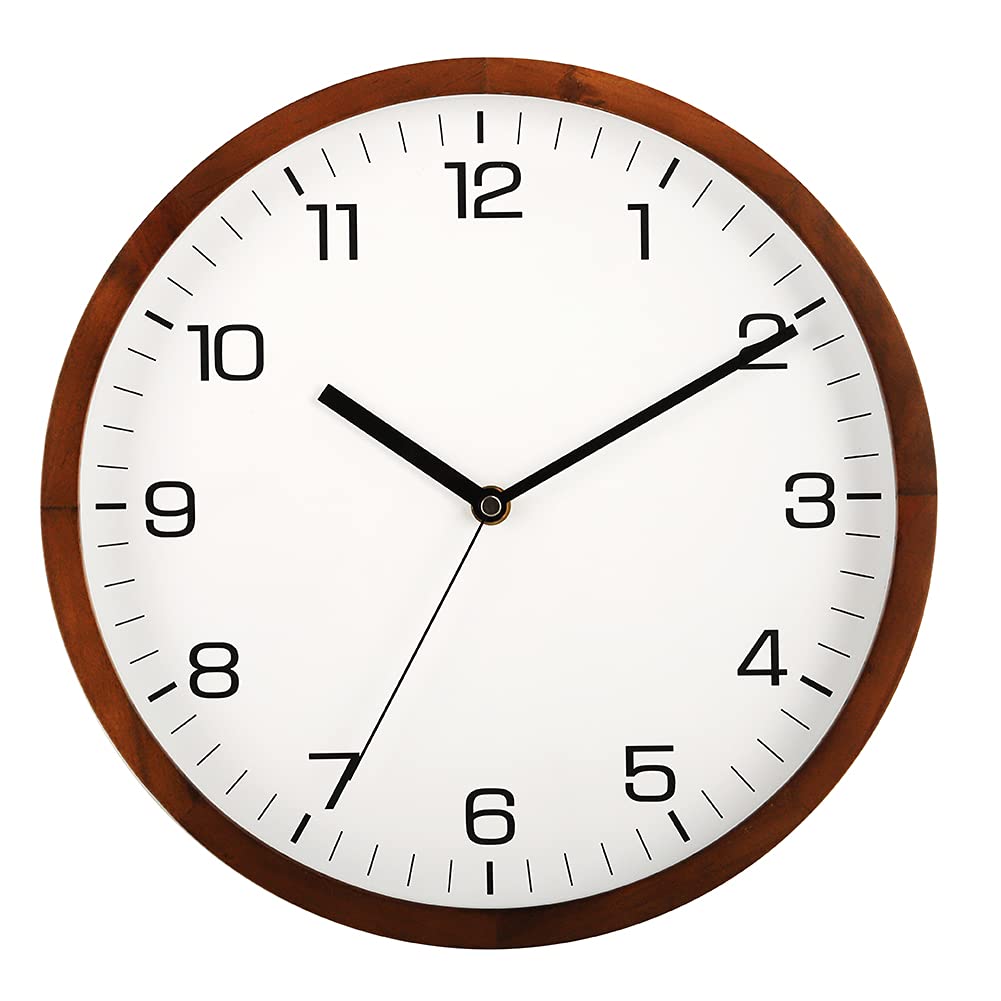 12 Inches Round Wooden Wall Clock Battery Operated Silent Non-Ticking,Metal Pointer&amp;Glass Cover, for Office Kitchen Bedroom Classroom&amp;Living Room, Brown