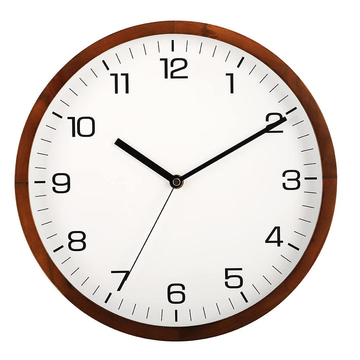 12 Inches Round Wooden Wall Clock Battery Operated Silent Non-Ticking,Metal Pointer&amp;Glass Cover, for Office Kitchen Bedroom Classroom&amp;Living Room, Brown