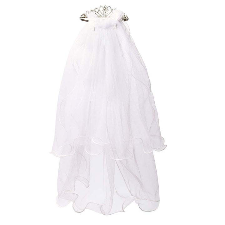 Flower Girls White First Communion Veil Headband with Bow (60cm/24 inch, Rhinestone Crown)