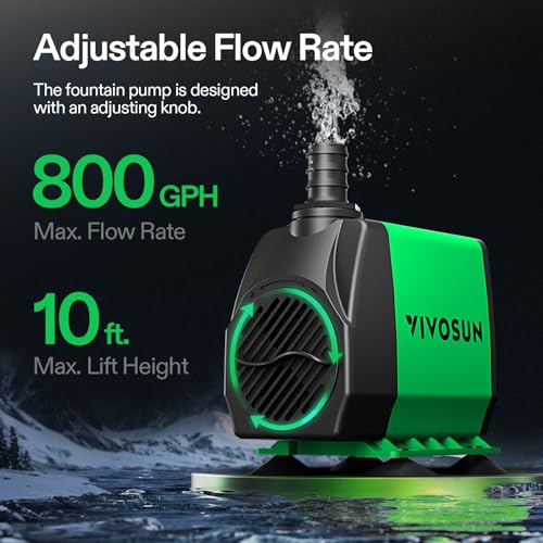 VIVOSUN 800GPH Submersible Pump(3000L/H, 24W), Ultra Quiet Water Fountain Pump with 10ft. High Lift with 6.5ft. Power Cord, 3 Nozzles for Fish Tank, Pond, Aquarium, Statuary, Hydroponics Green