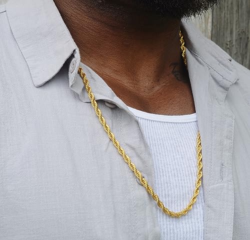 Gold Plated Necklace for Men 2.5MM 28 Inches Stainless Steel Twist Rope Chain for Women Mens