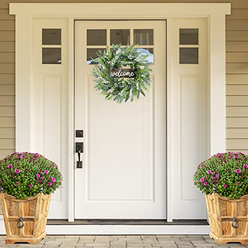 Green Eucalyptus Wreath with Welcome Sign 18in Artificial Eucalyptus Wreath Mixed White Berries Spring Summer Wreath for Front Door Wall Window Farmhouse Festival Porch Patio Garden Decor