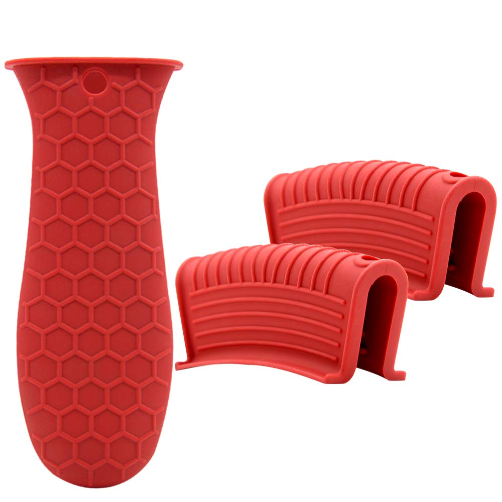 Silicone Hot Handle Holder Cover Set Assist Pan Handle Sleeve Pot Holders Cast Iron Skillets Handles Grip Covers Non-Slip Heat Resistant for Griddles Metal Frying Pans Aluminum Cookware (L, Red)