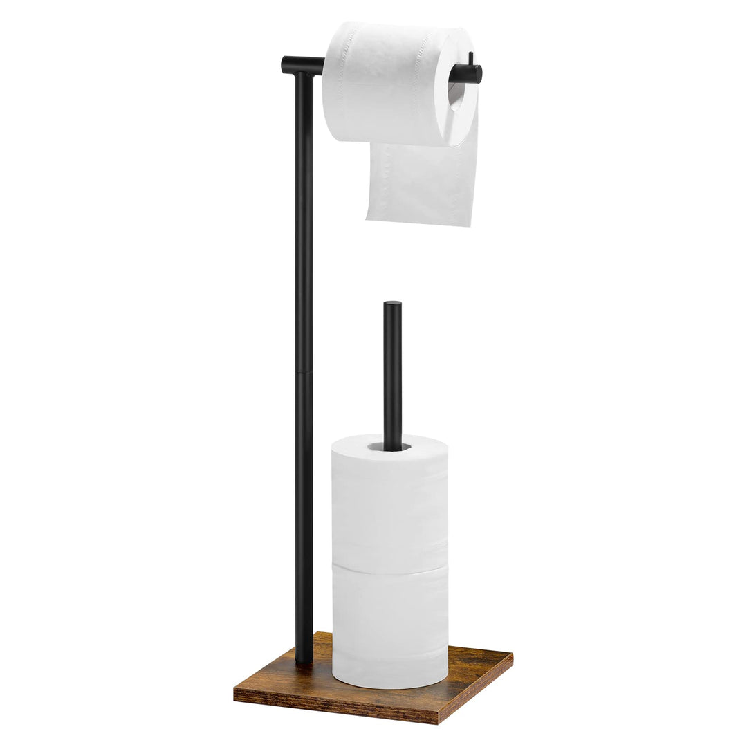 Toilet Paper Holder Stand with Shelf Wood Freestanding Tissue Paper Roll Holder Farmhouse Toilet Paper Standing for Bathroom, Rustic Brown