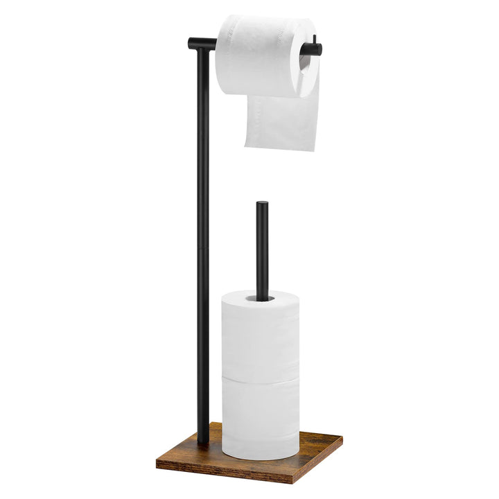 Toilet Paper Holder Stand with Shelf Wood Freestanding Tissue Paper Roll Holder Farmhouse Toilet Paper Standing for Bathroom, Rustic Brown