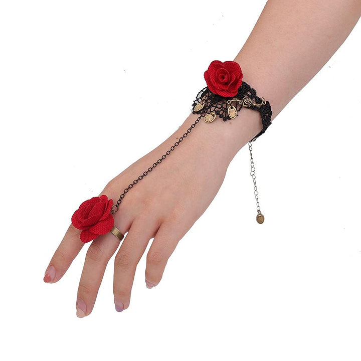 Gothic Retro Red Flower Ring Bracelet for Women Vampire Lolita Black Lace Bracelet for Halloween Decorations Party Accessory(1Piece)