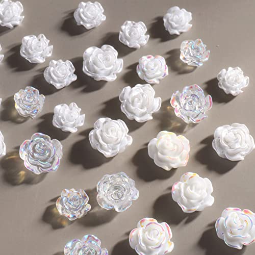 90Pcs White 3D Acrylic Flower Nail Charms 3D White Aurora Camellia Nail Art Jewelry Acrylic Resin Flowers Design Elegant Wedding Nail Charms for DIY Nail Decorations Accessories Rhinestone Decor