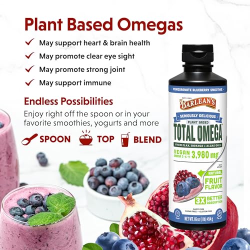 Barlean&#39;s Liquid Flaxseed, Borage and Algae Oils Omega 3 Supplement, Pomegranate Blueberry Flavor, Vegan EPA and DHA, Flax and Borage Seed Oil with 3,980 mg of Omega-3-6-9, 16 oz