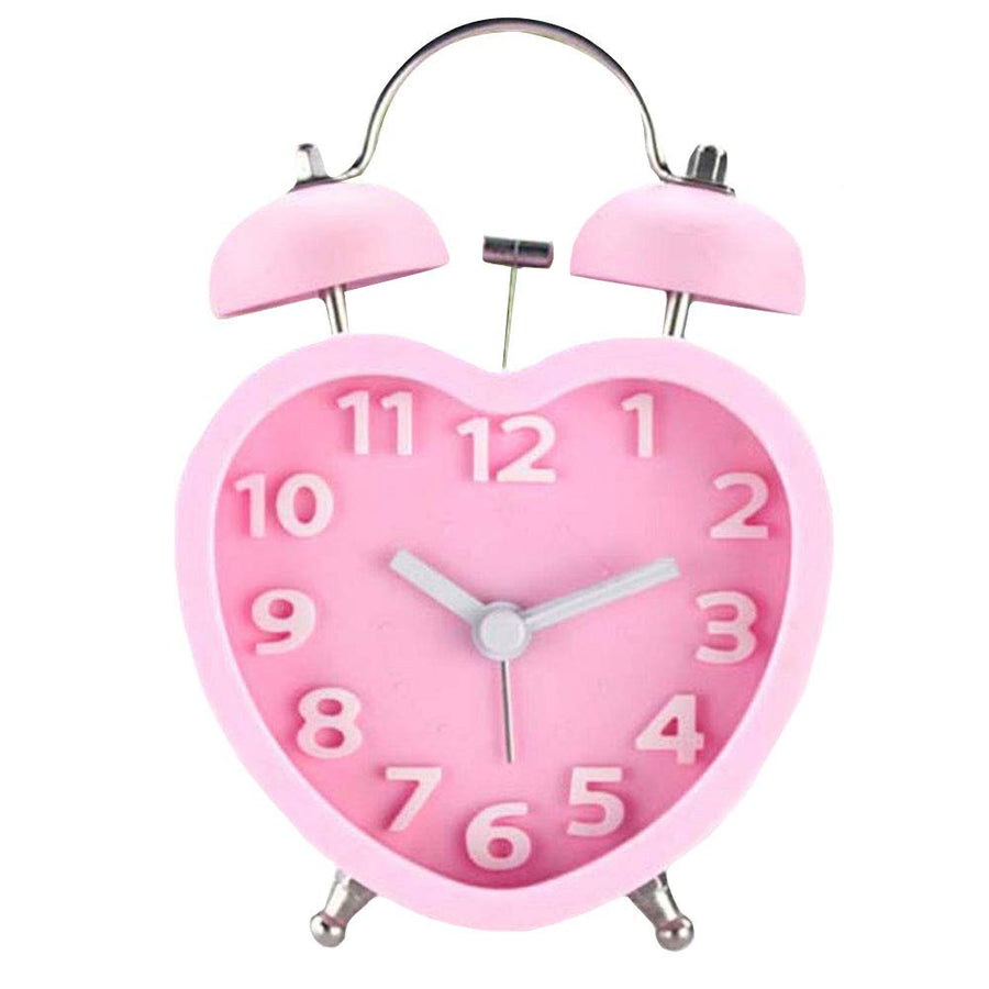 3in 3D Dial Loud Twin Bell Alarm Clock Silent Analog Quartz Nightlight Clock Heart Shape Pink