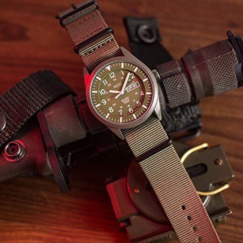 Military Watches for Men Analog Wrist Watch, Tactical Waterproof Outdoor Sport Mens Quartz Wristwatch, Date Day Work Field Army Green w/Nylon Band by MDC
