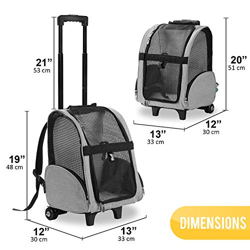 Deluxe Backpack Pet Travel Carrier with Double Wheels for Pets up to 10 Pounds - Black - Approved by Most Airlines