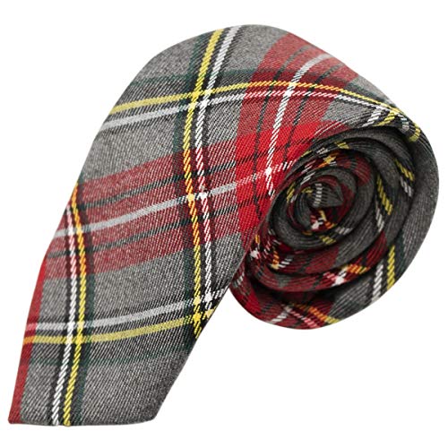 Traditional Light Grey & Red Tartan Tie, Check, Plaid, Necktie
