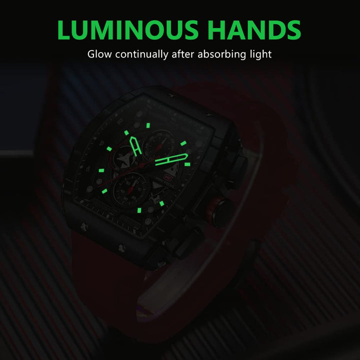 Mens Watches Luxury Tonneau Large Face Chronograph Watches for Men Quartz Analog Replica Luminous Dial with Red Silicone Strap Men&#39;s Wrist Watches Business Work Dress Diver Cool Wristwatch