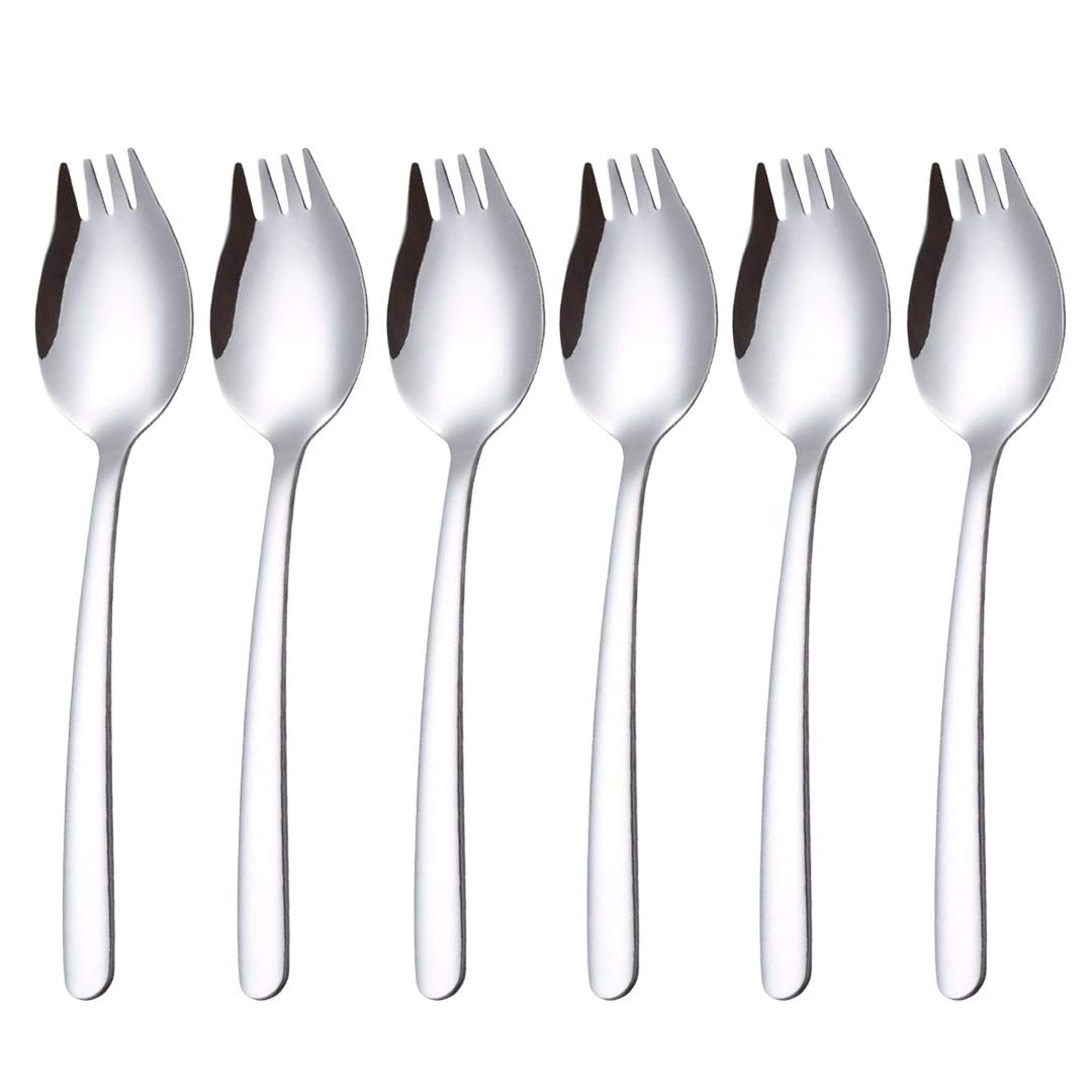 Sporks, 6 Pack 18/10 Stainless Steel Sporks, 7.4-Inch Ice Cream Spoon &amp; Salad Forks, Reusable Fruit Appetizer Dessert Forks for Everyday Use