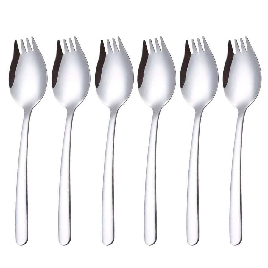 Sporks, 6 Pack 18/10 Stainless Steel Sporks, 7.4-Inch Ice Cream Spoon & Salad Forks, Reusable Fruit Appetizer Dessert Forks for Everyday Use