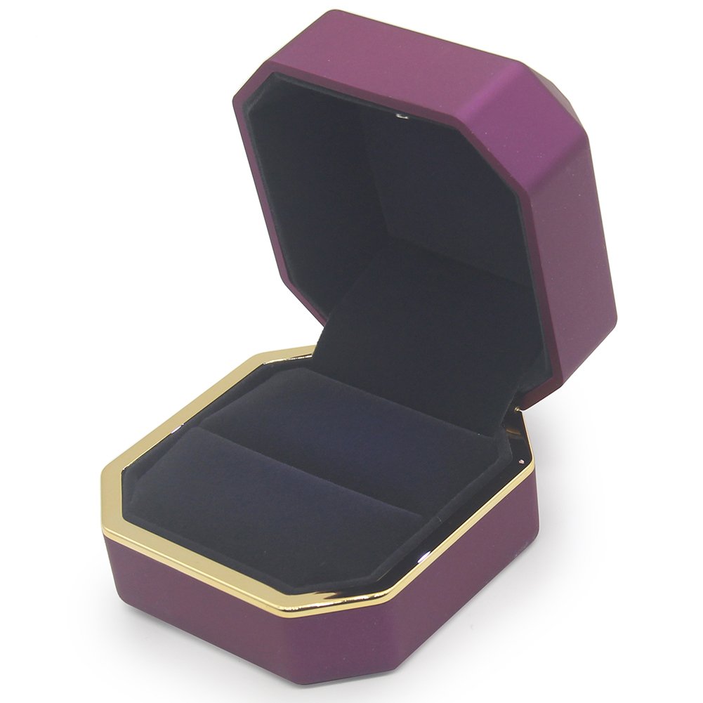 Luxury Ring Box, Square Velvet Wedding Ring Case Jewelry Gift Box with LED Light for Proposal Engagement Wedding, Purple