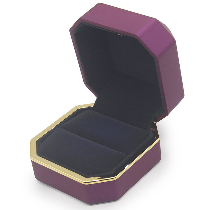Luxury Ring Box, Square Velvet Wedding Ring Case Jewelry Gift Box with LED Light for Proposal Engagement Wedding, Purple