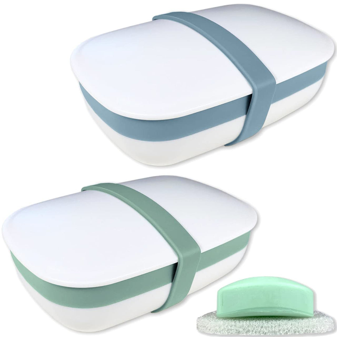 2Pack Travel Soap Holders, Soap Bar Box Dish Container Case, with Sponge Saver&amp; Band, for Gym, Travel (Blue &amp; Green)