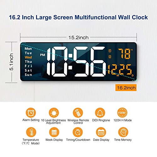 Digital Wall Clock Large Display, 16.2 Inch , LED Digit