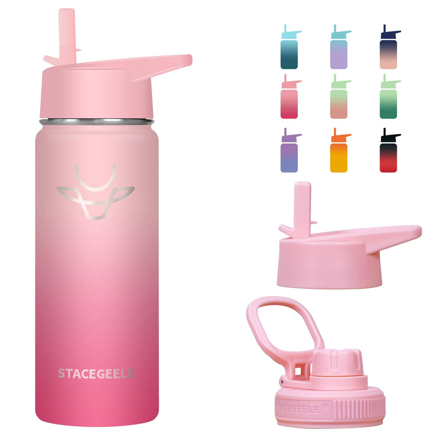 Insulated Vacuum Water Bottle for Kids with Straw Lid Stainless Steel Flask Thermos for Boys and Girls Leak Proof Lightweight Eco Friendly 18oz(550ml),Sweat Peach