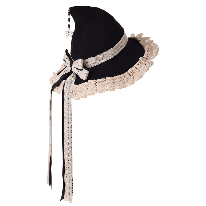 Women Witchs Hat Wool Knit Cap for Halloween Christmas Costume Party (Black beige)