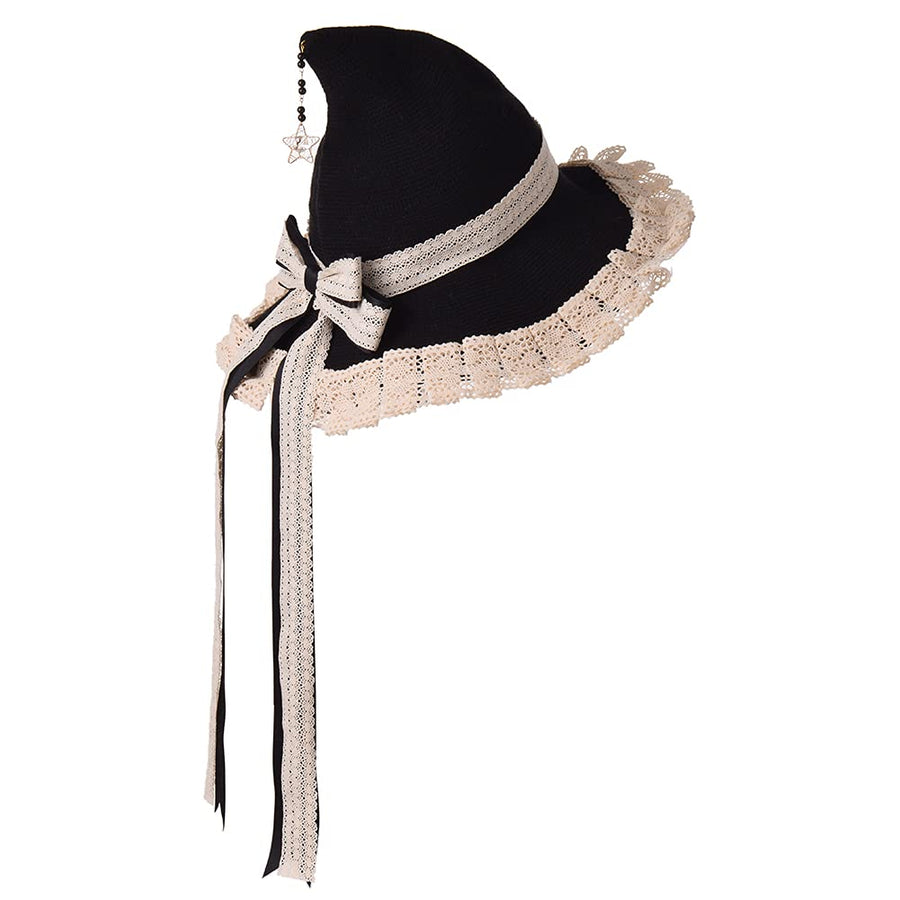 Women Witchs Hat Wool Knit Cap for Halloween Christmas Costume Party (Black beige)